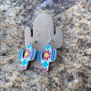 Southwest Aztec Colorful Saguaro Cactus Earrings Silver Tone Hoop Desert
